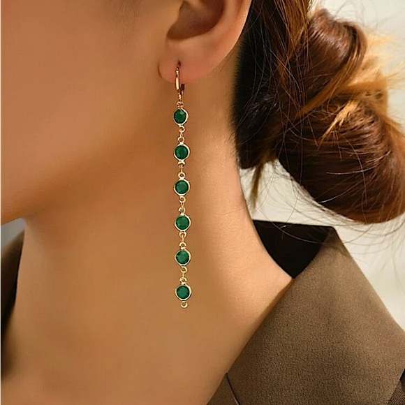 Gold Plated Emerald Zircon Dangle Earrings - Picture 2 of 3